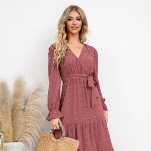 Swiss Dot Tied Surplice Flounce Sleeve Dress